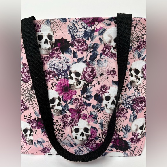 Handmade Floral Skull Tote Bag - Pink and Black - Picture 2 of 9